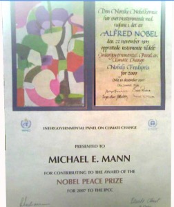 Mann's IPCC certificate displayed in his office proving he was a helper NOT a Nobel laureate